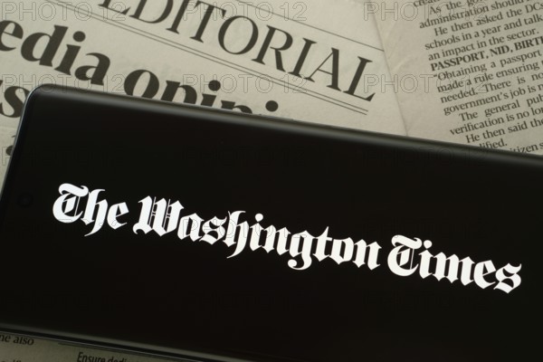 Dhaka, Bangladesh - 18 March 2025: The logo of the washington times is displayed on a smartphone