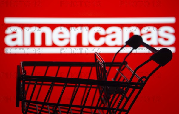 Dhaka, Bangladesh- 03 July 2025: Silhouette of a shopping cart in front of the Americanas logo,