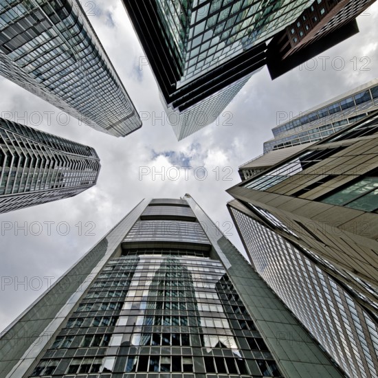 Frog's-eye view of the skyscrapers in the banking district, Four Frankfurt, Frankfurt am Main,