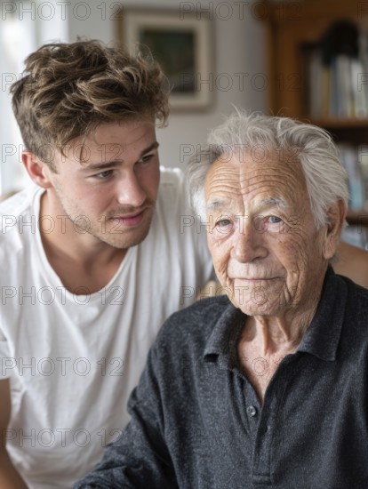 A young carer lovingly looks after a senior in an old people's home, nursing home, symbolic image
