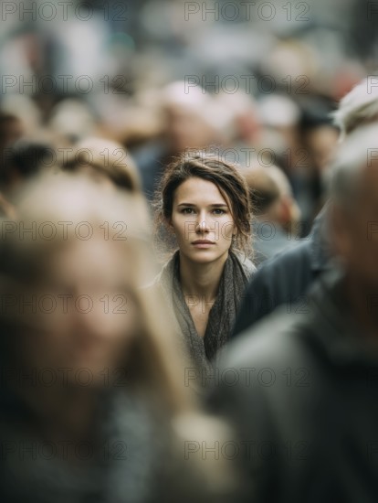 A woman stands in the middle of a crowd, symbolising mental health, stress in the big city,