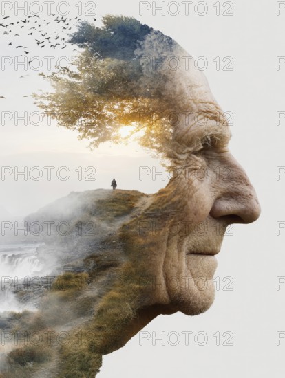 Double exposure of an elderly man and decaying parts of a landscape, symbolic image for memory