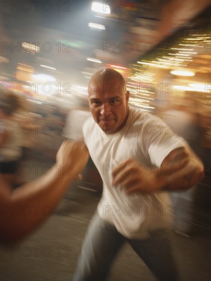 A man gets into a fighting stance, surrounded by dynamic movement and a background filled with