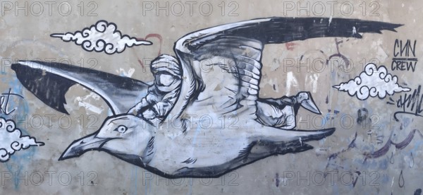 Graffiti of a seagull (larinae) with a human figure on a wall, surrounded by stylised clouds,