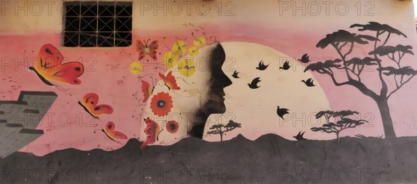 Artful wall painting depicting a human silhouette surrounded by butterflies and flowers,