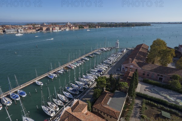 View of the marina and monastery garden from the church of San Giorgio Maggiore, Venice, Veneto,