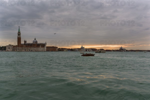View of the island of San Giorgio Maggiore from Venice at dusk, Venice Lagoon in front, Venice,