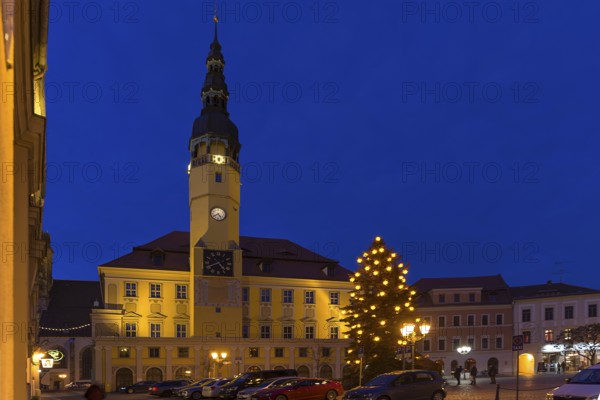 Evening atmosphere with 17th century town hall and illuminated Christmas tree, Bautzen, Upper