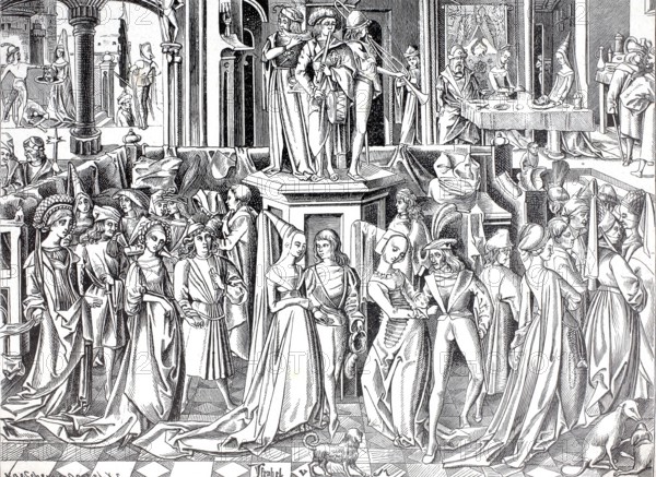 City life in the 15th century, patrician dance festival, after a copper engraving by Israel by