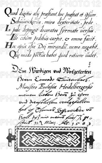 Manuscript of the armless artist Thomas Schweickerus from the year 1584. Thomas Schweicker (* 21