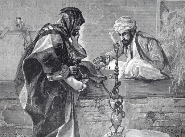 Arabian donkey drivers playing chess and smoking hookah in a coffee house, authentic, digitally