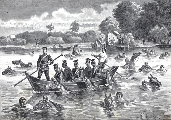 Guard swimming exercises, cavalry in a river crossing near Potsdam, 1891, authentic, digitally
