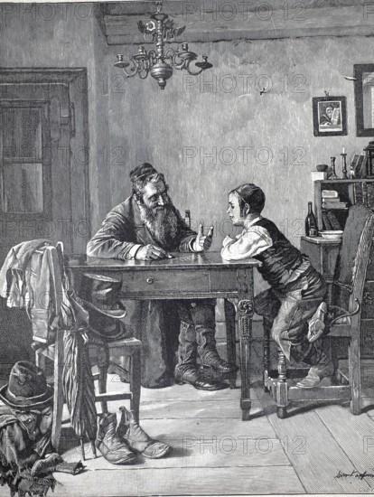 Arithmetic lessons at home, father gives son tutoring in mathematics at the kitchen table, 1891,