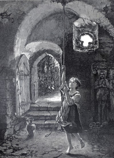 To ring prayer, girl pulls a bell rope to ring, 1890, authentic, digitally restored reproduction