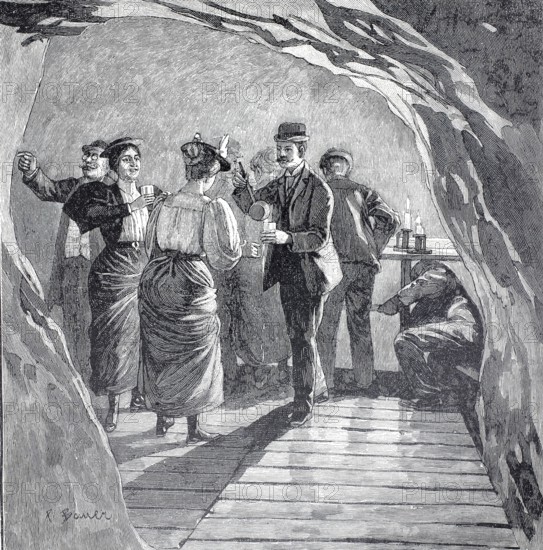 Day trippers at the source of the Tamina, river in the Swiss canton of St. Gallen, authentic,