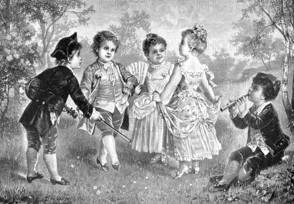 Dance lessons, teach children about classical ballroom dancing, 1891, authentic, digitally restored