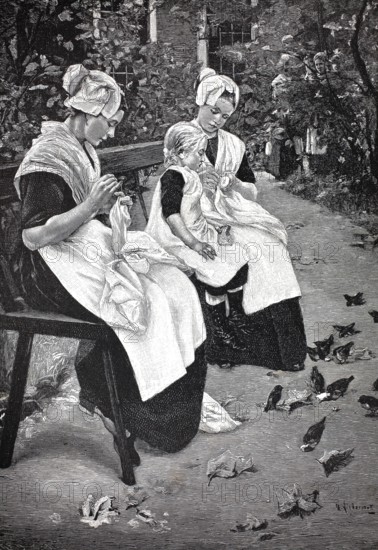 Orphan girl embroidering and sewing, after a painting by M. Liebermann, 1891, authentic, digitally