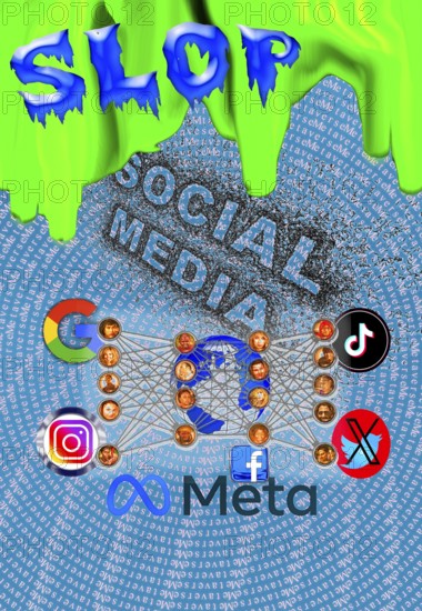 Symbolic image, AI slop or AI slop, synonym for garbage-like media content in (a) social media,