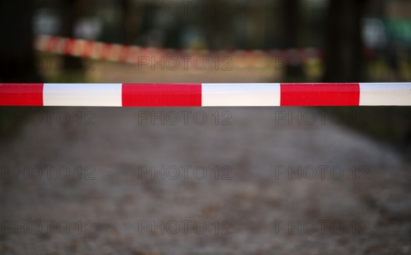 Banderole, barrier tape, red-white, blocked path, access to Tatort, Stuttgart, Baden-Württemberg,