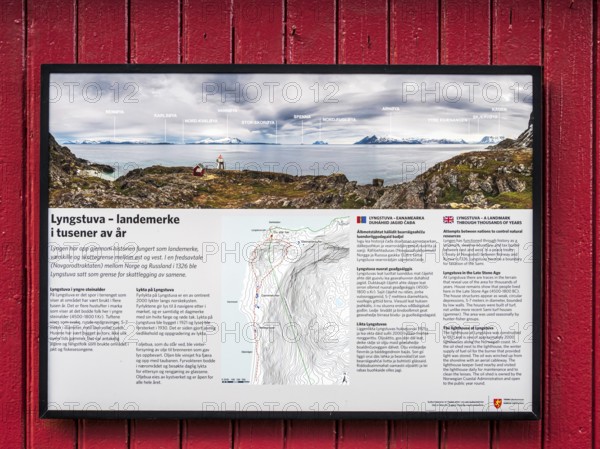 Lyngstuva lighthouse, explanatory board, at northernmost point of Lyngen peninsula, Lyngen, Norway