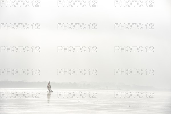 Ice sailors on foggy water, calm and melancholy atmosphere on frozen Dümmer See, Lembruch, Lower