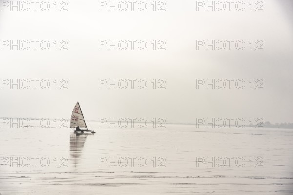 Ice sailor glides across a foggy, frozen lake, quiet winter landscape on frozen Dümmer Lake,