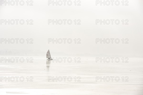 Ice sailor on the frozen alone on a foggy, frozen lake, minimalistic winter atmosphere, Dümmer See,