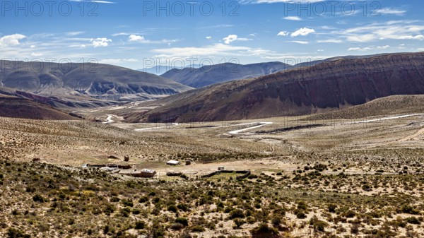Wide plain with few shrubs, surrounded by barren desert and mountains, the landscape and colorful