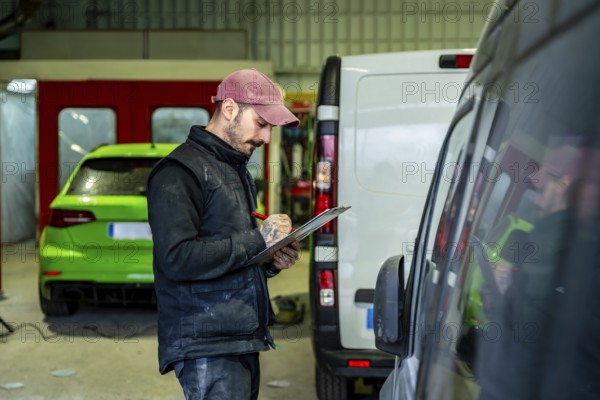 Auto body technician wearing a cap and vest carefully inspecting a vehicle and writing notes on a