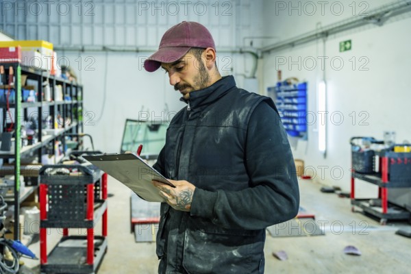 Male technician wearing a cap and vest standing in an automotive workshop, holding a clipboard and