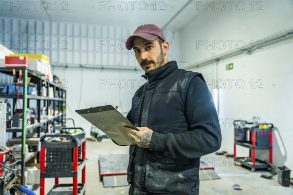 Auto body shop worker inspecting a vehicle or damage with a clipboard in a professional garage