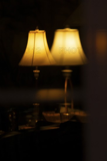 Reflection of lamps in a living room window, Region of la Mauricie, Province of Quebec, Canada