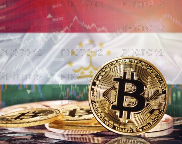 Bitcoin with Tajikistan flag in the background. Investors in cryptocurrency and Blockchain
