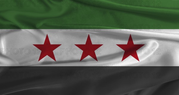 Flag of Syria with fabric textured background. Close up of National flag of Syria with realistic