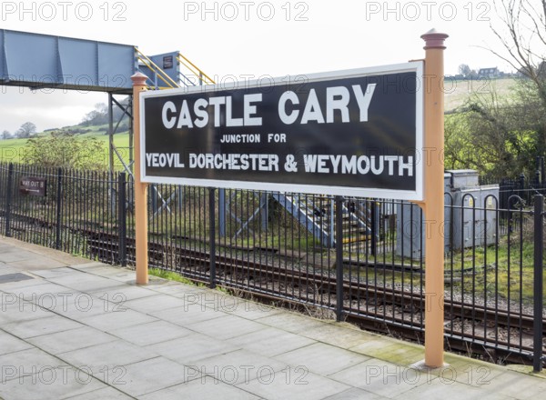 Railway station platform sign Castle Cary junction for Yeovil Dorchester and Weymouth, Castle Cary,