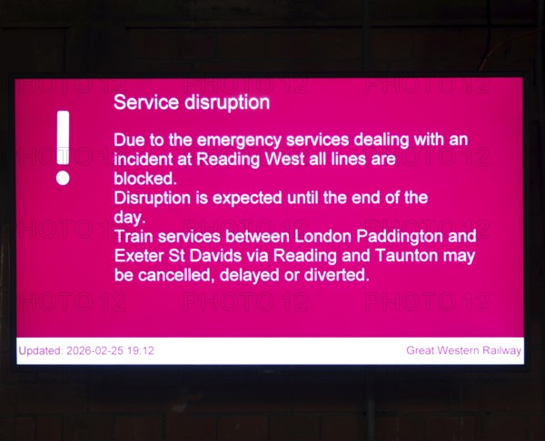 Service Disruption electronic noticeboard sign all railway lines blocked, Westbury railway station,