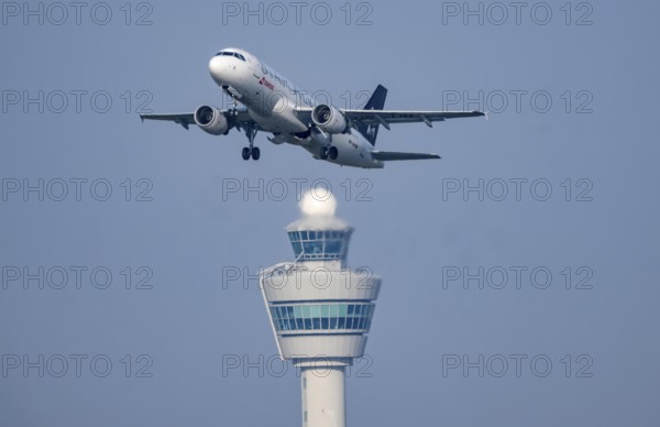 Swiss Airbus A320 aircraft takes off from Kaagbaan runway, 06/24, at Amsterdam Schiphol Airport,