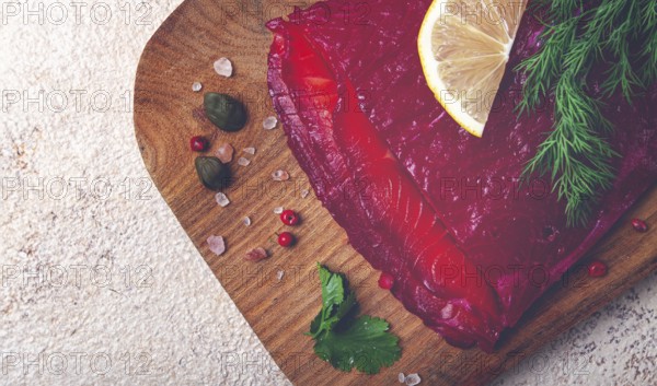 Salmon gravlax with beetroot, Scandinavian snack, beet gravlax, lightly salted fish, homemade, no