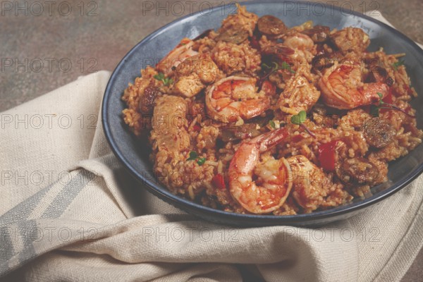Jambalaya, Creole dish, American pilaf, rice with chicken and shrimp, vegetables, homemade, no