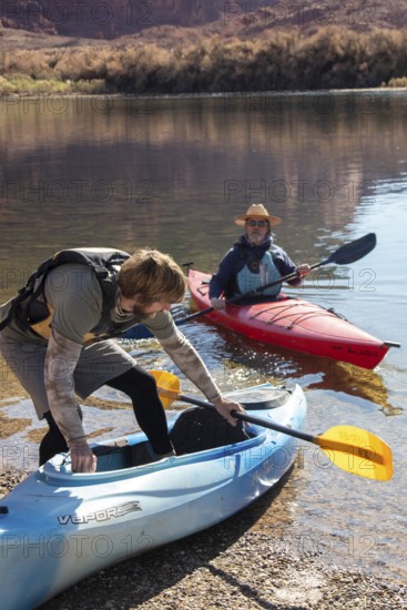 Lee's Ferry, Arizona - Kayakers launch their boats at Lee's Ferry on the Colorado River. A ferry