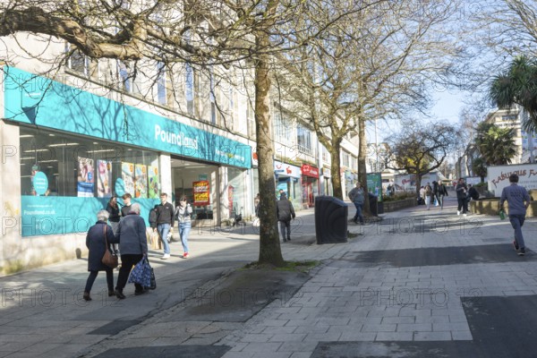 Shops and shoppers pedestrianised shopping street, New George Street, city centre of Plymouth,