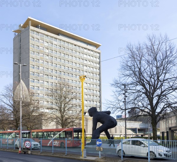 The Messenger sculpture on Royal Parade with behind the Civic Centre building built 1962 Plymouth,