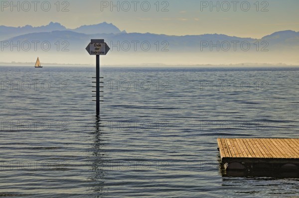 Bathing platform in Lake Constance with the Swiss mountains with the Säntis massif in the