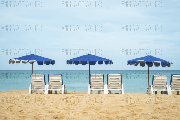 A serene beach scene shows neatly aligned lounge chairs beneath blue umbrellas facing a tranquil