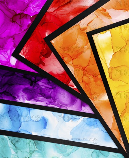 A stunning composition showcases layers of multicolored ink wash art creating a vibrant, abstract