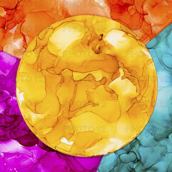 An eye catching abstract art piece showcasing a vibrant circular design on paper. The fluid colors