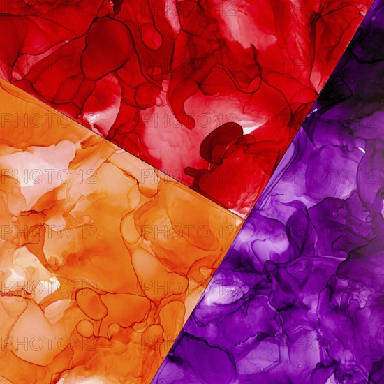 A dynamic blend of red, orange, and purple inks form an abstract color pattern on paper. The