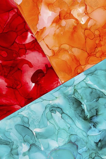 An abstract artwork featuring vibrant red, orange, and blue fluid patterns. The colors inks create