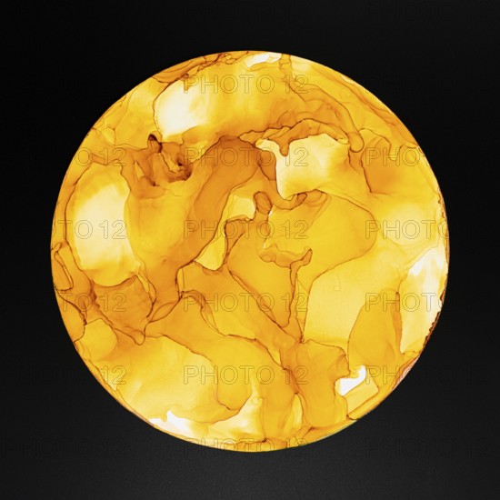 A striking circular design with swirls of orange and yellow on a dark backdrop of paper, creating a