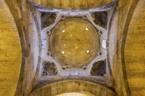 Detailed view of an artfully designed stone dome ceiling, Sultanhani caravanserai, on the former